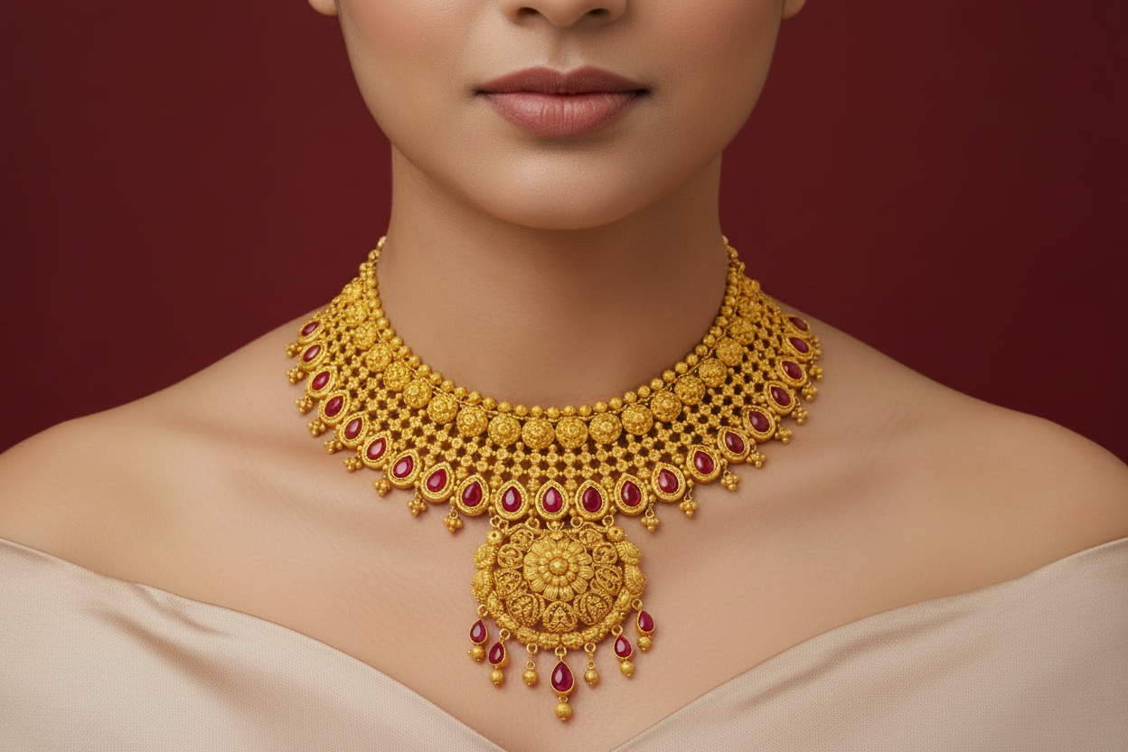 Gold necklace with red stones on a red background