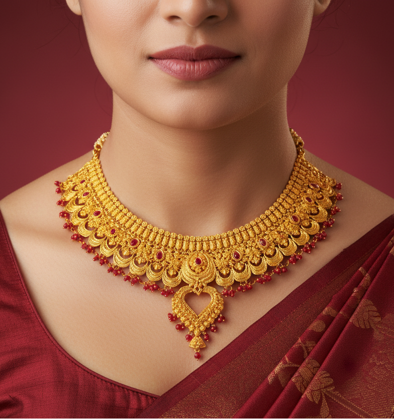 Gold necklace with red stones on a red background