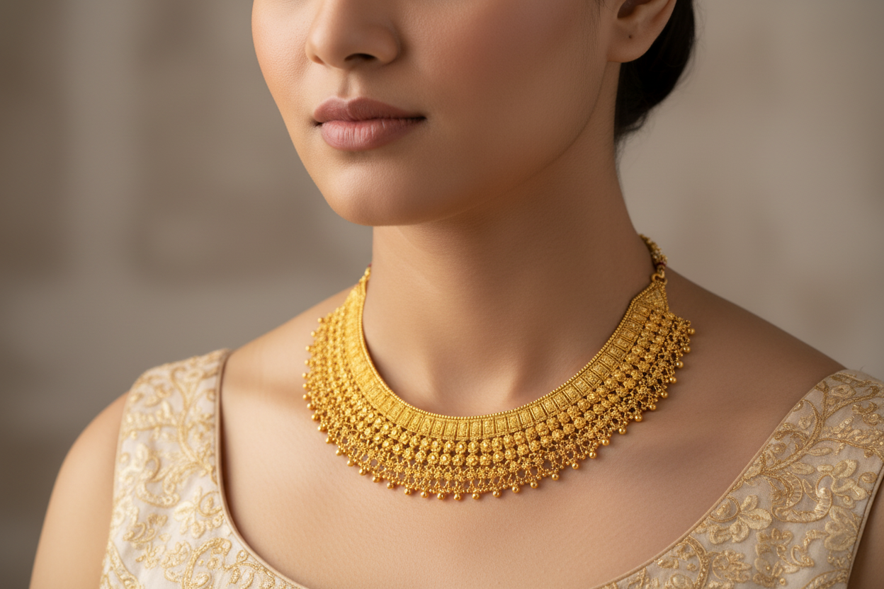 Gold necklace on a red velvet background